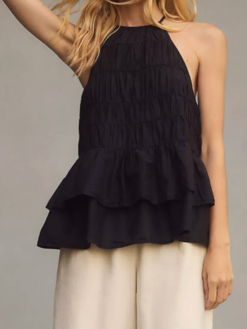 Pilcro by Anthropologie Smocked Peplum Tank XSP Black Cotton NWOT